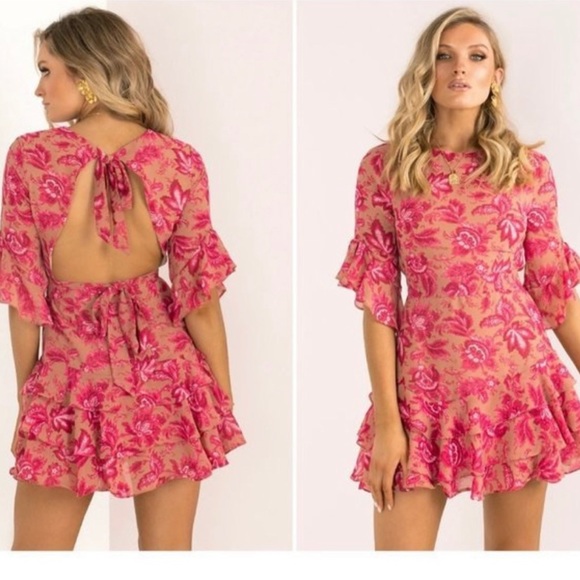 🚫Sundae Muse Christy Mini Tiered Dress, Floral Pink on Nude, Size 8 - Picture 6 of 14